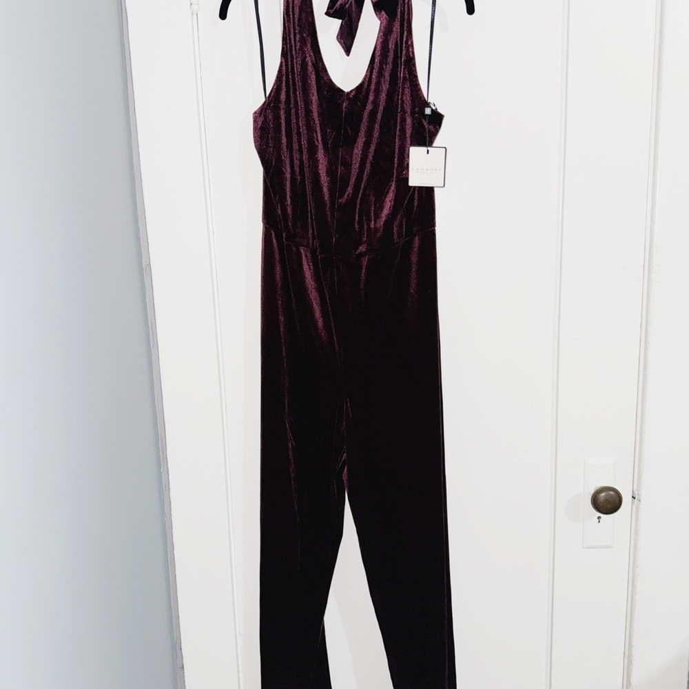 Laundry Shelli Segal Velvet Halter Jumpsuit NWT Burgundy Wide Leg Wine Maroon M